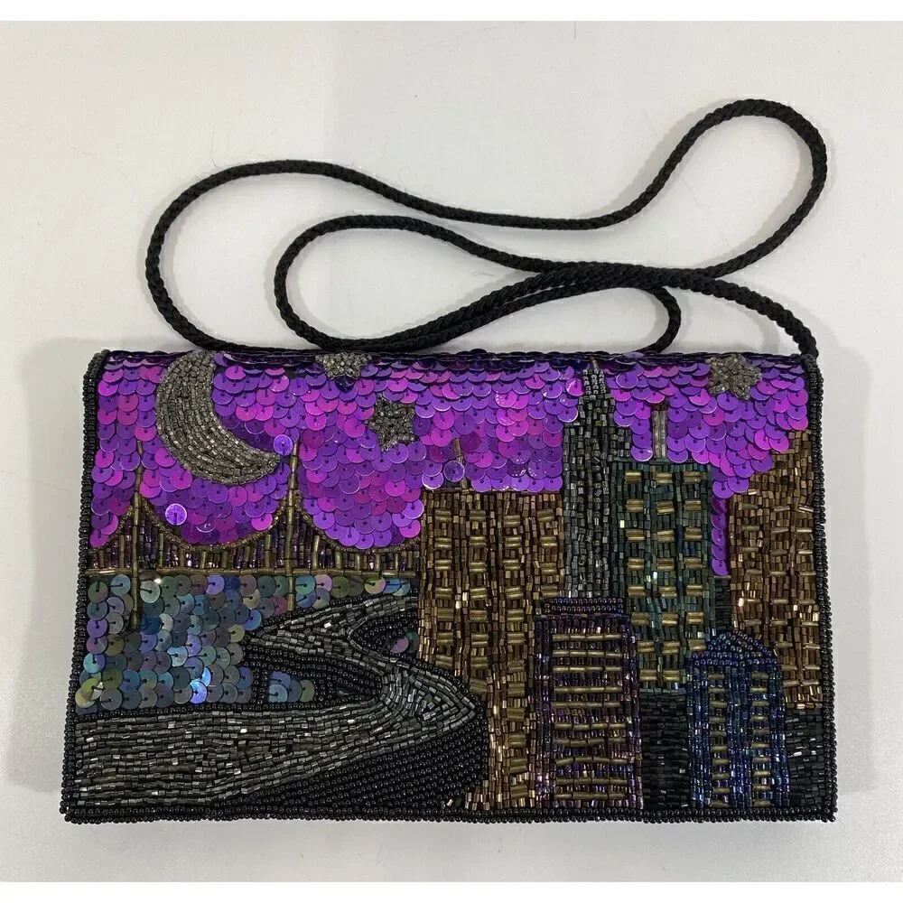 Vtg Formal Clutch Purse Beaded Wearable Art 90s Purple Black City Night Scene